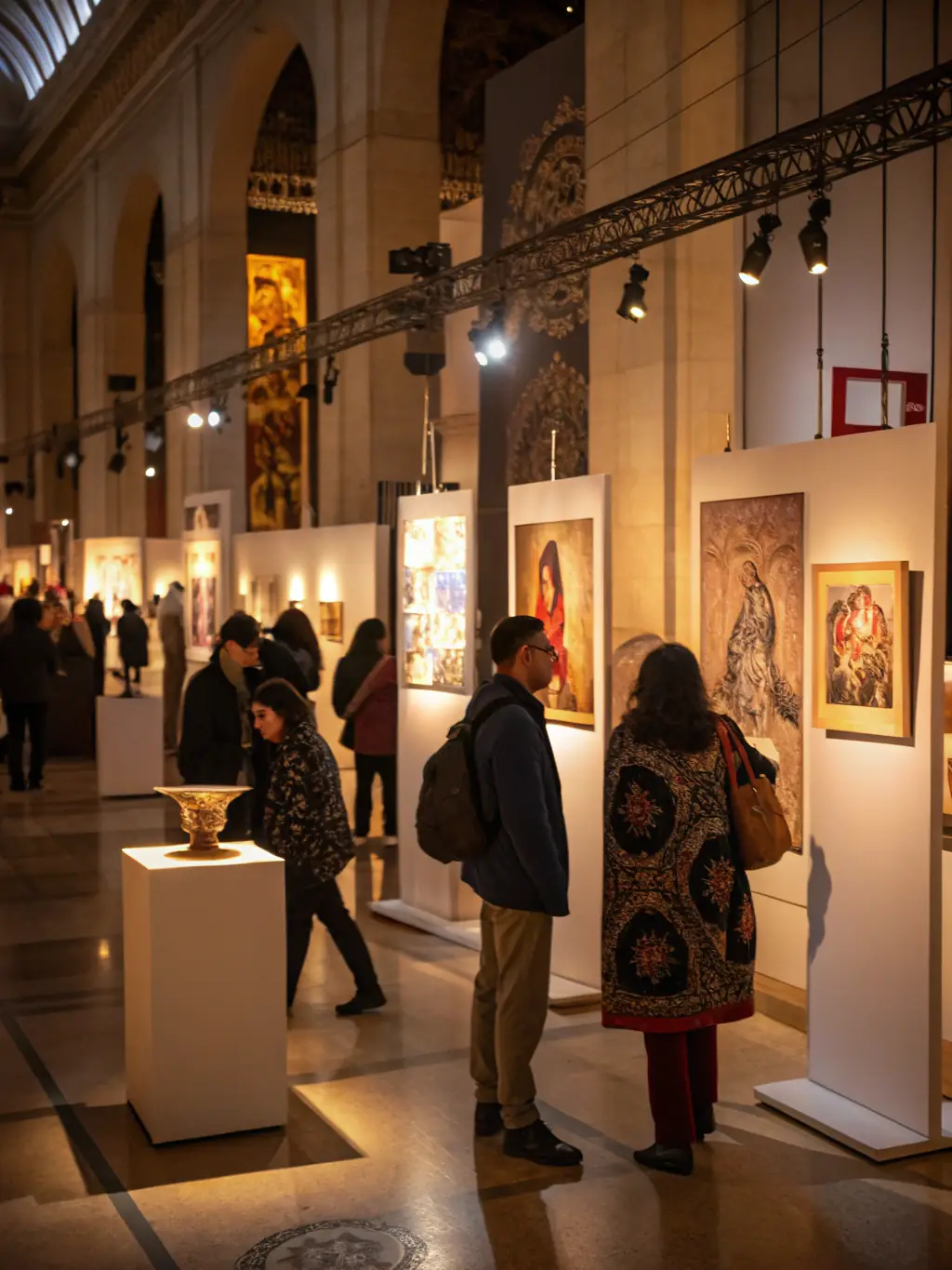 A captivating image of an art exhibition opening night at ATELIER DU MOULIN GRAND, with artists and visitors celebrating the showcased artworks.